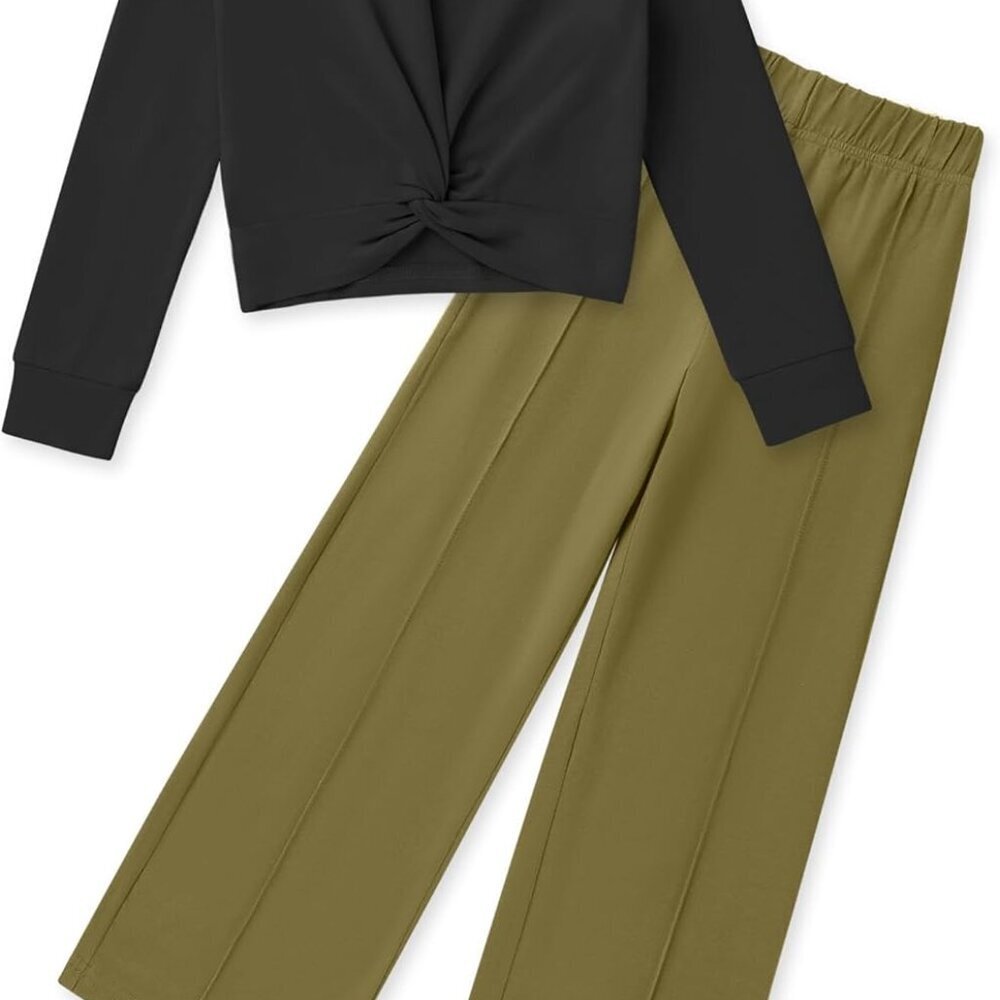 Girls Fall Outfits Fashion Solid Long Sleeve Twist Crop Tops and Wide Leg Pants